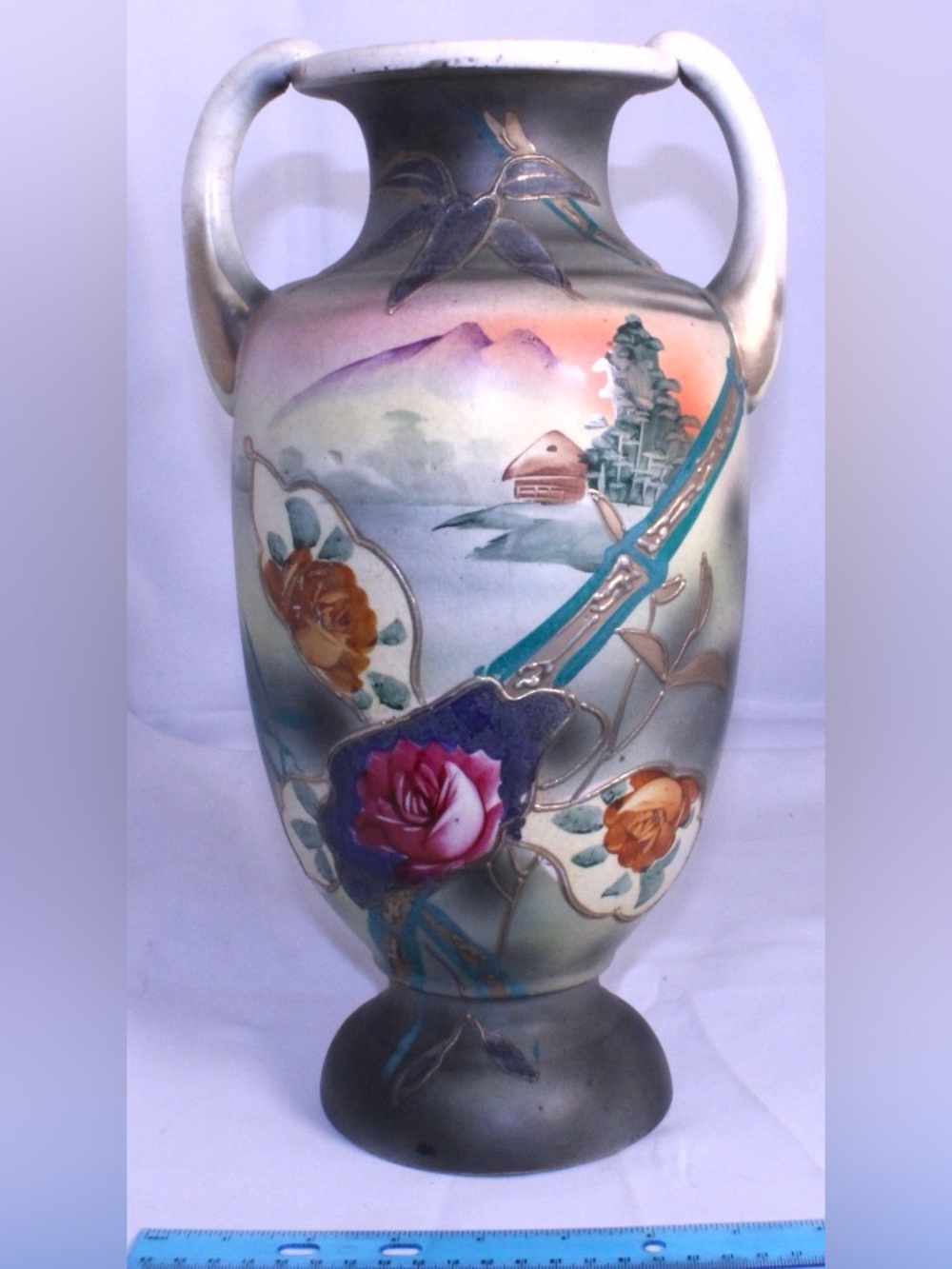 Antique Royal Nippon Nishiki Vase Hand Painted Mt Fuji Roses 2 Handles Moriage